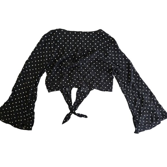 Xhilaration Black & White Polka Dot Long Sleeve Tie-Front Crop Top M - Picture 2 of 5